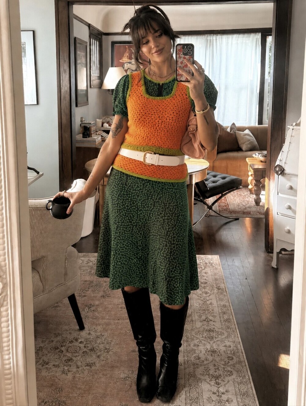 Handmade Chunky Knit Vest Green Orange Size Large Waistcoat Boho